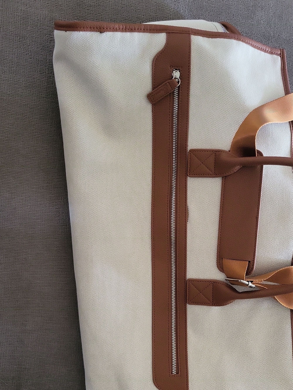 Canvas Travel Tote Bag in Cream with Brown Trim